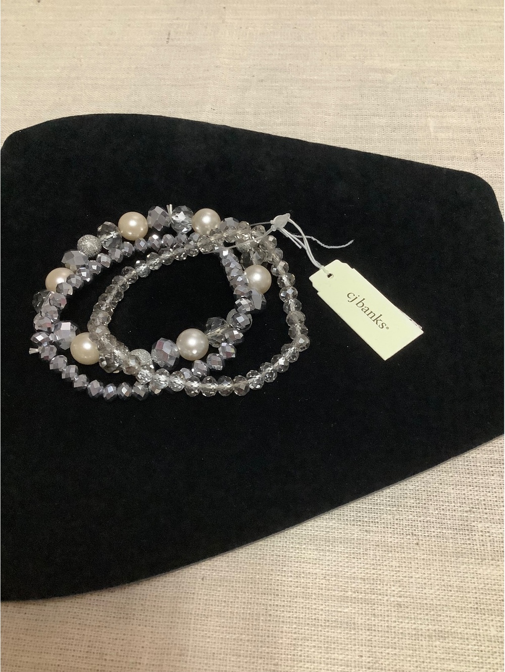 C.J. Banks 3 Strand Stretch Bracelet Set Crystal Faux Pearl Silver Gray NWT